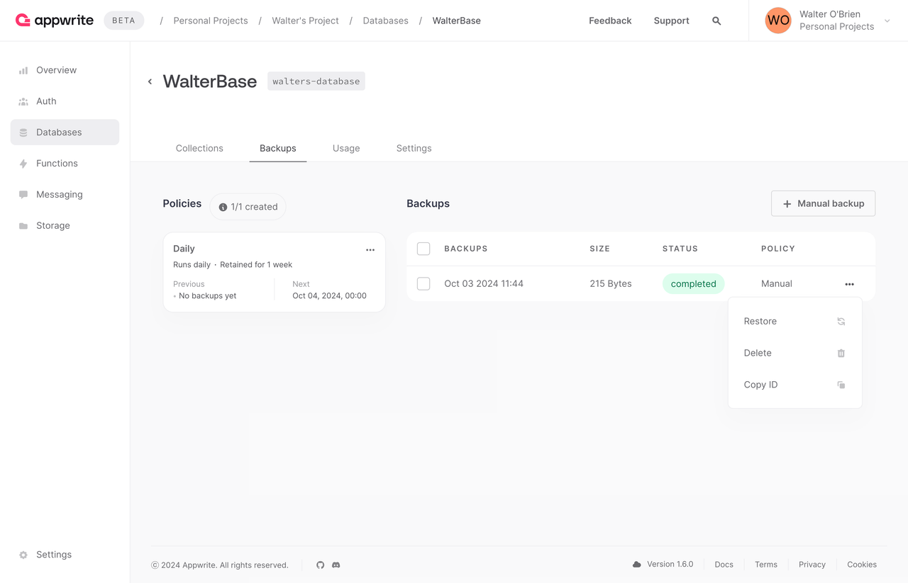 Create databases screen