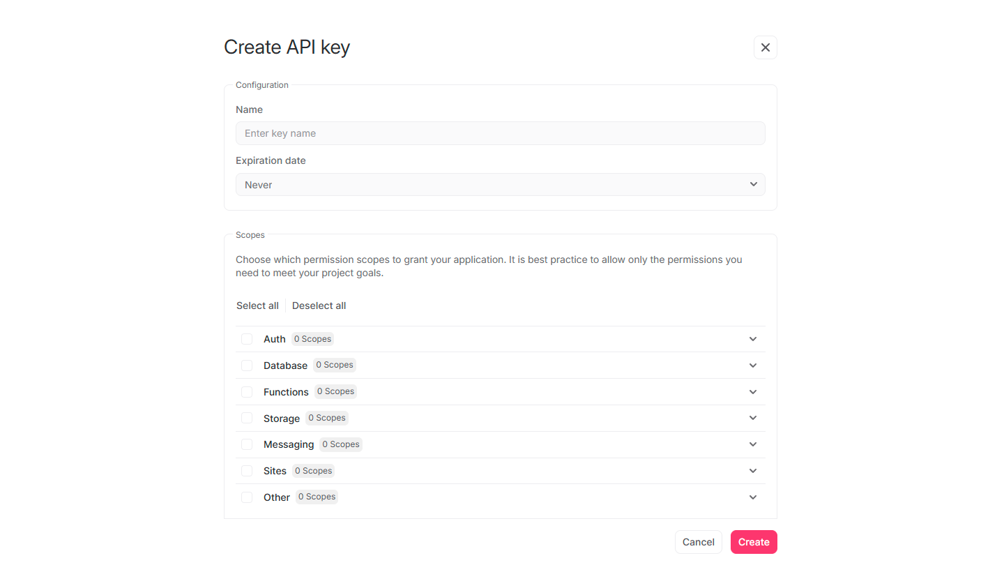 Create project screen